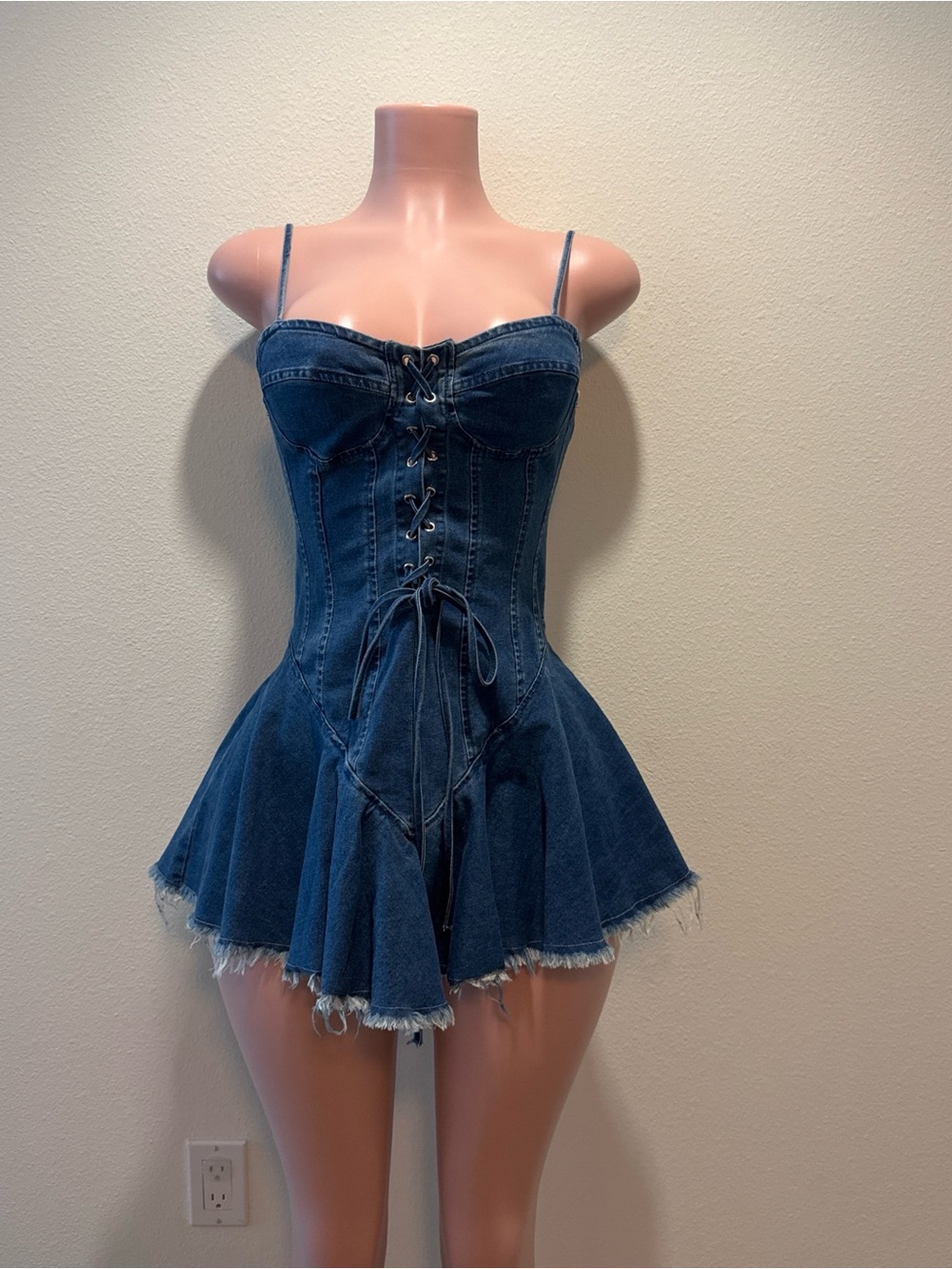 Denim Lace-Up Corset Mini Dress - Dark Blue